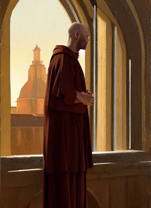 Image similar to symmetry!! oil painting of a tonsured dominican monk in brown robes, looking out of a monastery window contemplatively, a majestic cathedral in the background, digital art, artstation, cinematic, golden hour, digital art painting by greg rutkowski