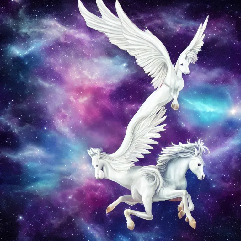 Prompt: beautiful mythical Pegasus flying through the cosmos