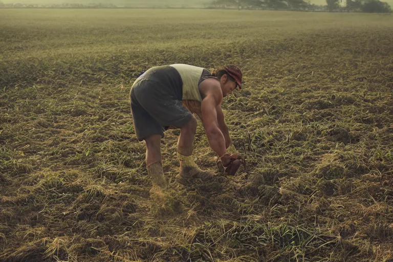 Image similar to a cinematic shot of a farmer, working out in the field, movie still, shallow depth of field, dramatic lighting, by krenz cushart