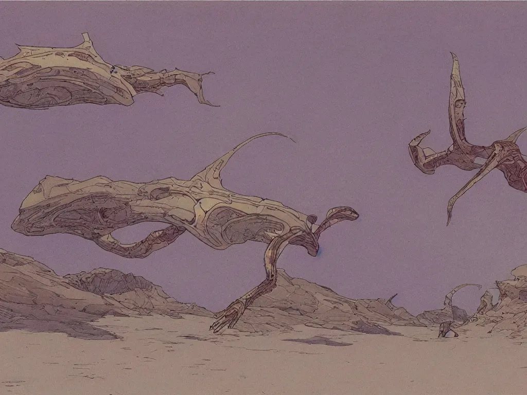 Image similar to moebius drawing painting alien landscape strange flying forms