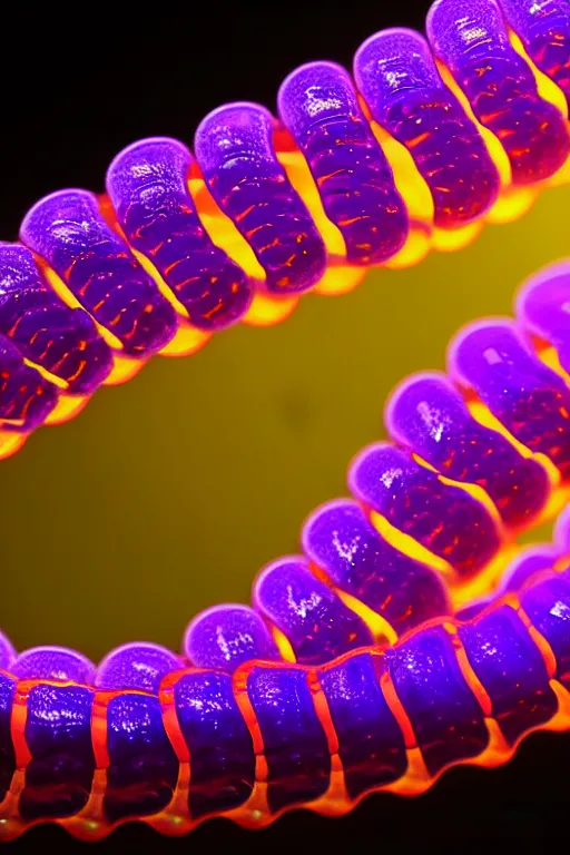 Image similar to high quality close-up photo translucent biomechanic centipede! gorgeous highly detailed hannah yata elson peter cinematic yellow and purple lighting high quality low angle hd 8k sharp shallow depth of field