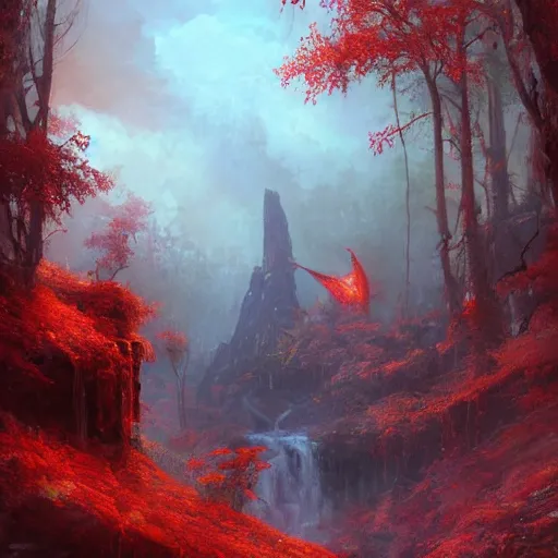 Image similar to red autumn forests with a single giant derelict copper warrior statue, fantasy concept art by tyler edlin, antoine blanchard, thomas cole