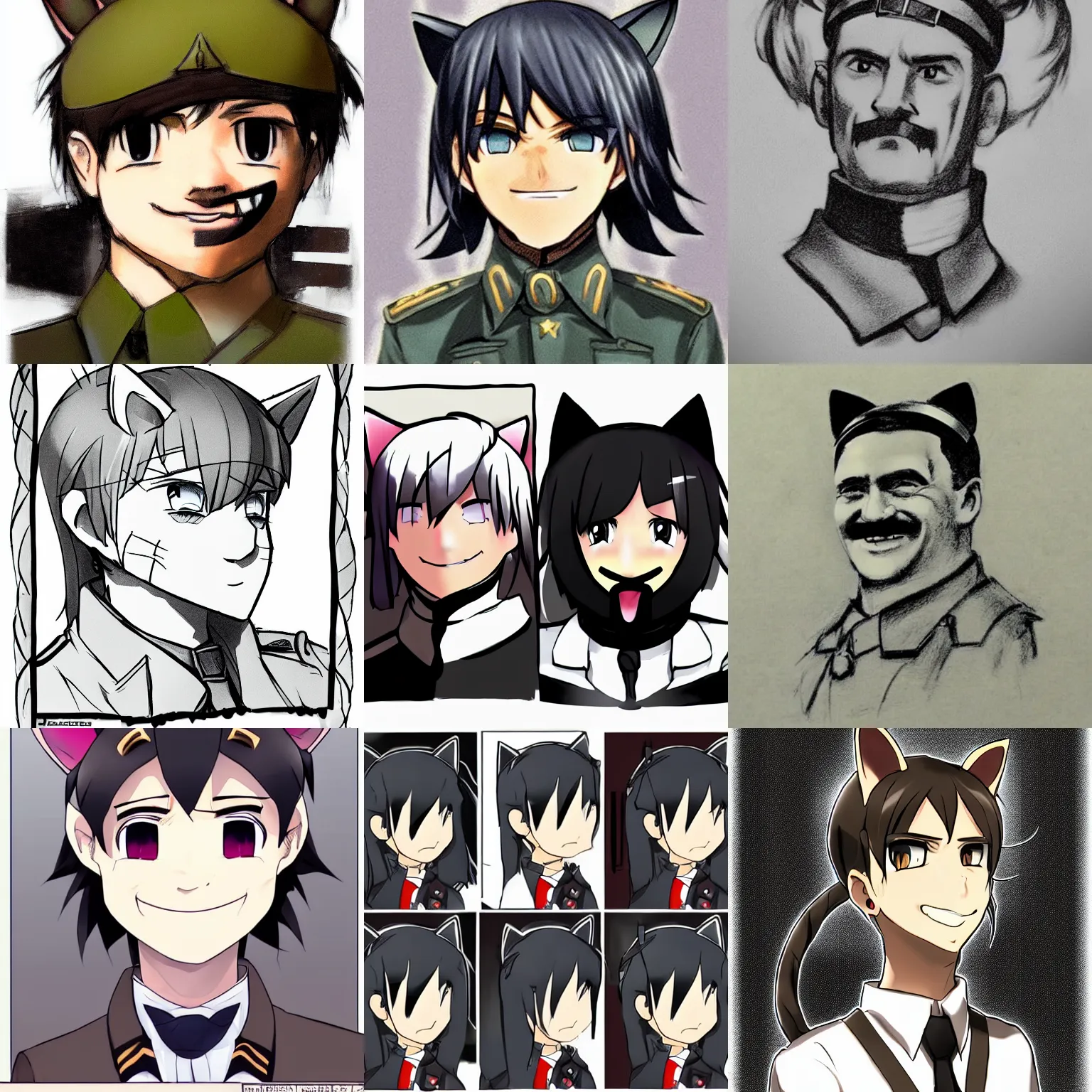 Prompt: cute joseph staline smiling, waifu, cat ears, drawing, hitler, 1 / 4 headshot