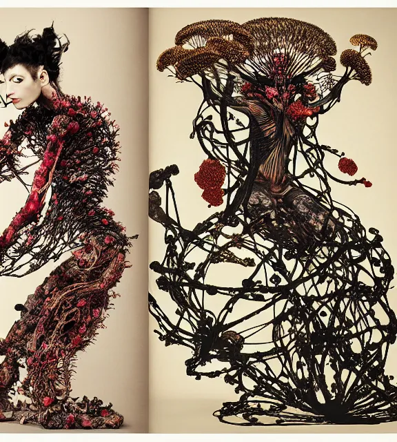 Prompt: still frame from Prometheus, bionic gaia sowing in blossoming mycelium gardens by Neri Oxman and alexander mcqueen, metal couture haute couture editorial by utagawa kuniyoshi by giger