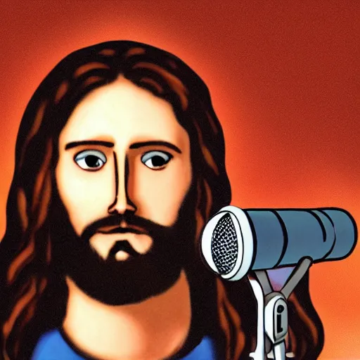 Prompt: jesus the youtuber holds a microphone