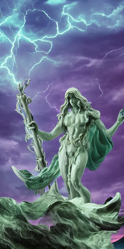 Image similar to gigantic marble statue of an alien of the sea wielding a trident on an island. roiling waves at the base. scene lit by lightning. thunderclouds in the background. fantasy setting. magicians praying to the statue. purples and greens. fantasy aesthetic. extremely detailed. 4 k. digital art.