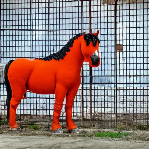 Image similar to horse with orange inmate clothes, in a jail