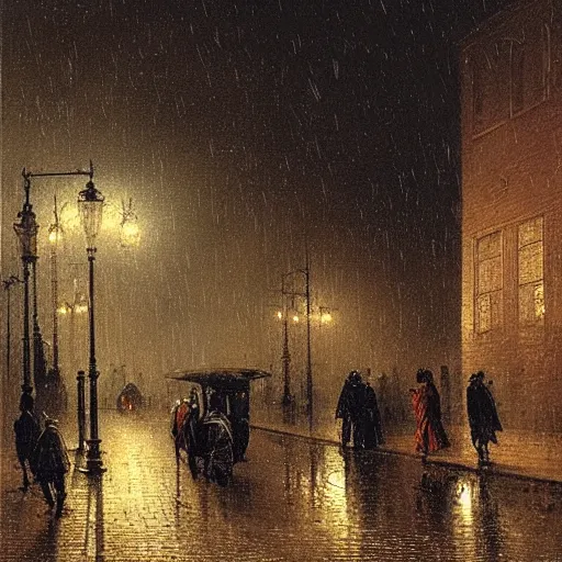 Prompt: Streets of Victorian era London, raining, night, street lights, high quality detail, Canaletto