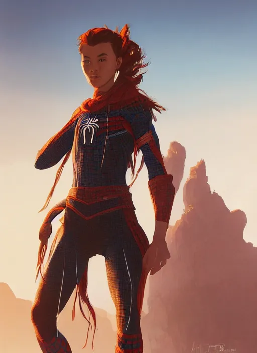 Image similar to Aloy, SPIDERMAN standing confidently, desert in the background, natural lighting, digital painting, concept art, smooth, sharp focus, illustration, single character full body, rule of thirds, from Horizon: Zero Down, by Ruan Jia and Mandy Jurgens and Greg Rutkowski and Artgerm and William-Adolphe Bouguerea