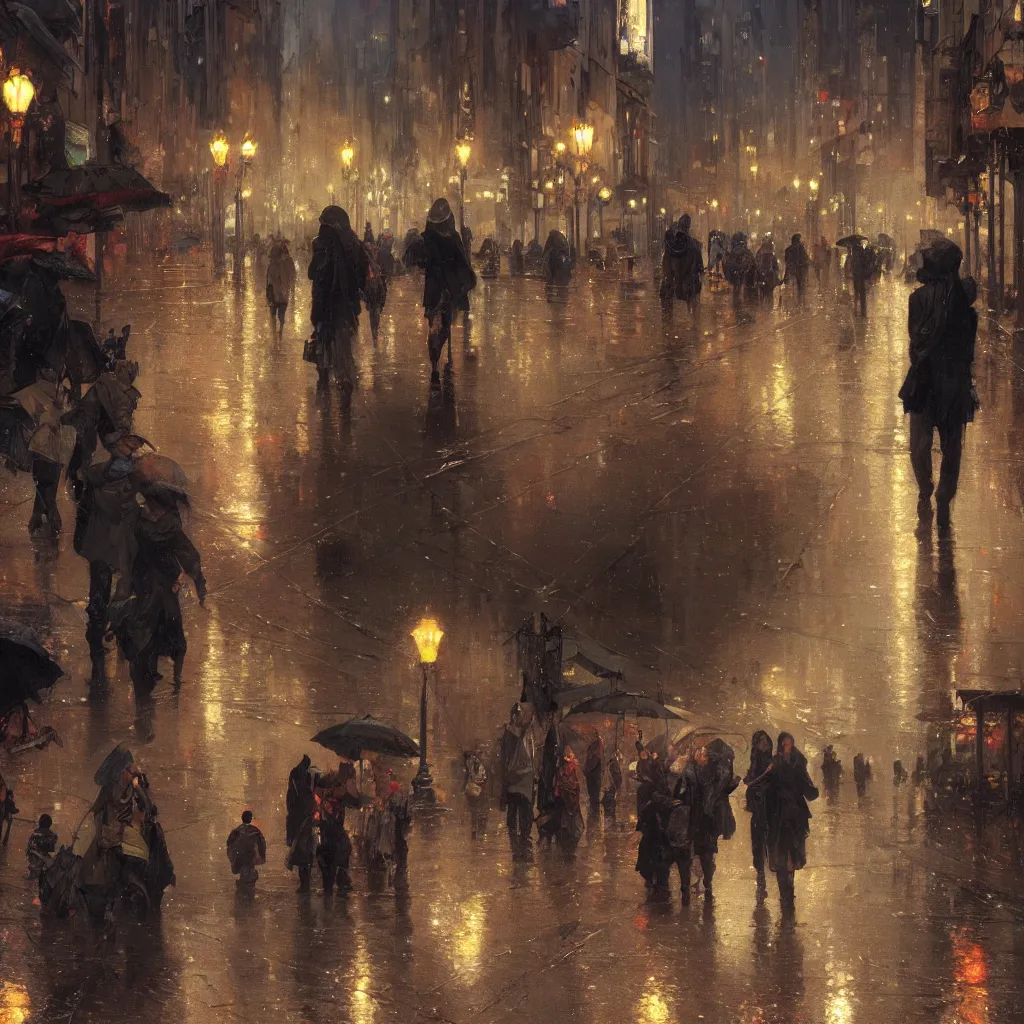 Prompt: a beautiful city at night, wet sidewalk, people, reflections, raindrops, art by craig mullins, greg rutkowski, alphonse mucha, trending on artstation, extremely detailed, masterpiece