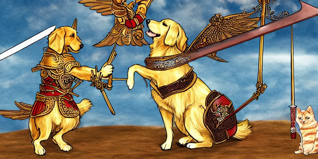 Image similar to full - length professional photo golden retriever in medieval armor with wings and sword fighting with samurai cat in japanese samurai armor with catana, shot from michael benjamin bay movie