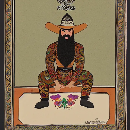 Prompt: bearded cowboy sitting in lotus position, persian folkore artstyle, calligraphy border