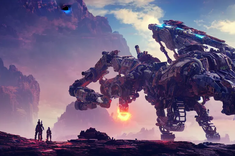 Image similar to rockbreaker machine mecanical creature robot of horizon forbidden west horizon zero dawn radiating a glowing aura global illumination ray tracing hdr fanart arstation by ian pesty and alena aenami artworks in 4 k