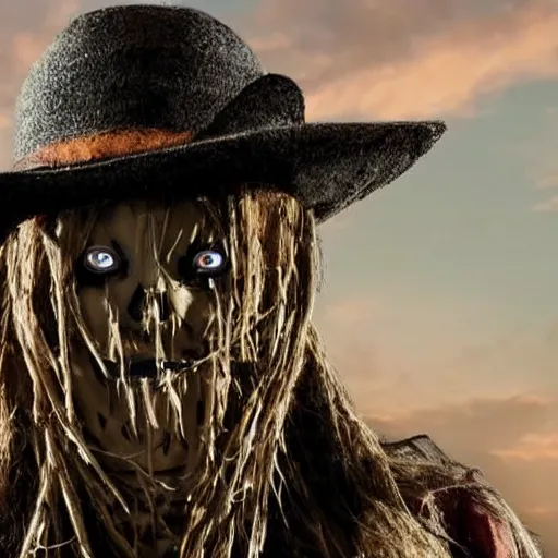 Image similar to menacing female scarecrow, movie still