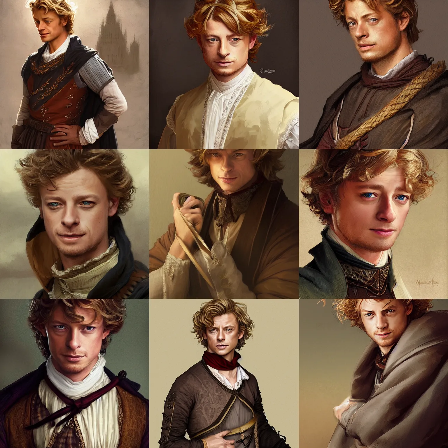 Prompt: a young man wearing 16th century clothes, sly expression, blonde, young simon baker, D&D, fantasy, portrait, highly detailed, digital painting, artstation, concept art, sharp focus, illustration, art by artgerm and greg rutkowski and alphonse mucha