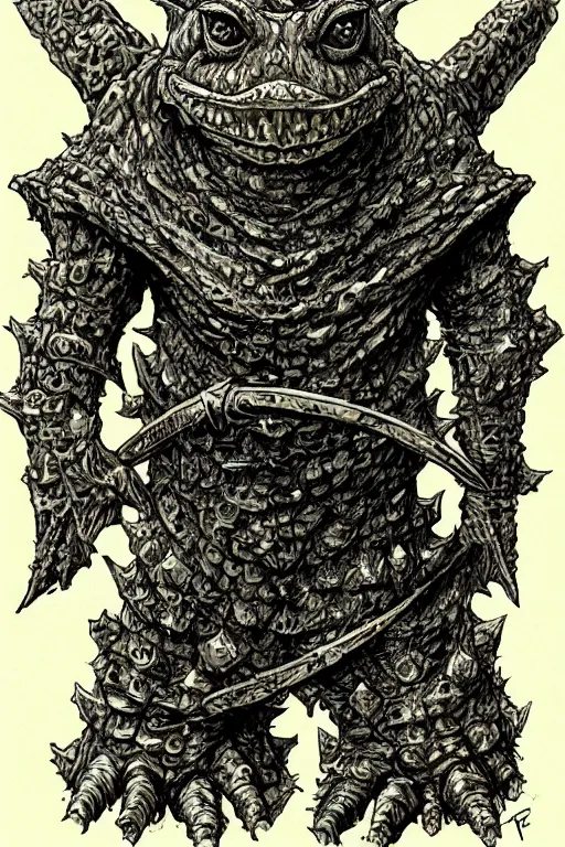 Prompt: toad goblin, wearing armour, swamp, symmetrical, highly detailed, digital art, sharp focus, trending on art station, kentaro miura manga art style