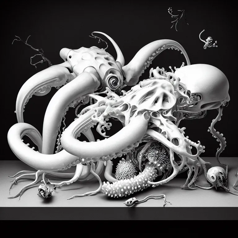 Prompt: still life of two cyborg lovers laying on a table, white flowers on a table, white alien squid, white octopus, , surreal alien ribbed white fruit, white human spine, baroque painting, beautiful detailed intricate insanely detailed octane render trending on Artstation, 8K artistic photography, photorealistic, chiaroscuro, Raphael, Caravaggio beautiful BW monochrome