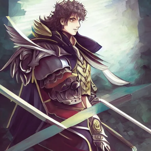 Prompt: Sir Lancelot du Lac, Lord of Joyous Gard, Knight of the Lake, art by Shimadoriru, trending on pixiv