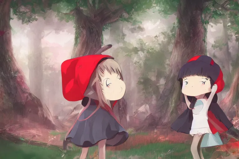 Prompt: concept art ofa little girl in the red hat,forest, happy in anime style