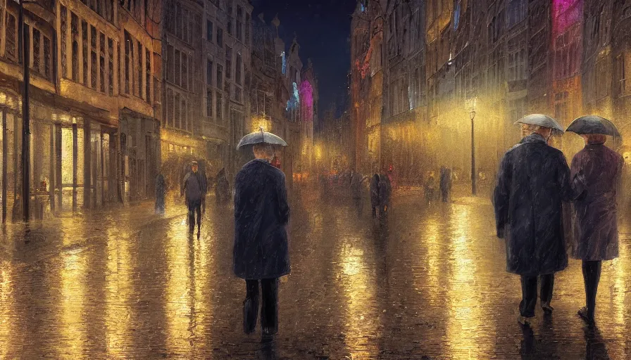 Prompt: digital painting of old couple walking in brussels by night, reflections, lights, umbrella, hyperdetailed, artstation, cgsociety, 8 k