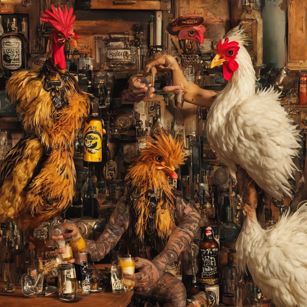 Prompt: fine portrait of a humanoid chicken dressed in punk clothes drinking beer, ultra-realistic, 16K 3D, crying engine