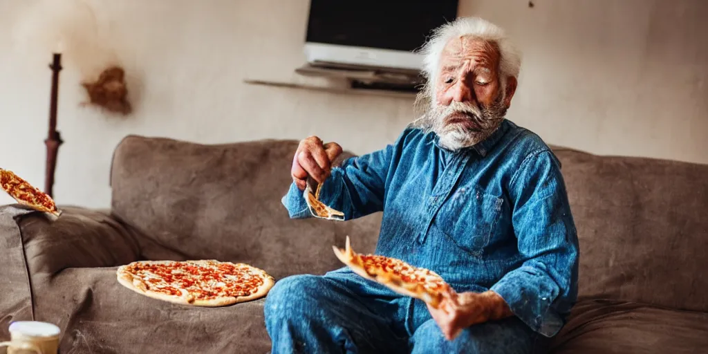 Prompt: old man with a beard and messy hair, sitting on the couch, watching tv . around crashed pop cans and empty pizza boxes. messy apartment.