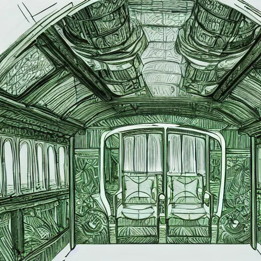 Image similar to annotated highly, detailed and intricate, sketch of the inside of a carriage cabin full of green green green plants, marker concept art style rendering, concept art, half blueprint, trending on artstation, intricate details, center frame, annotations