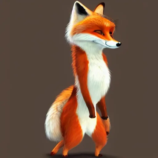 Image similar to anthropomorphic female fox with short white fur covering her body in the style of zootopia