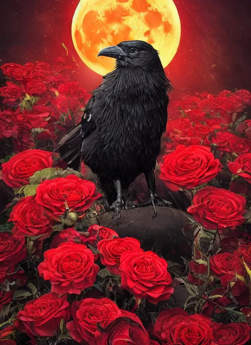 Image similar to red and golden color details, portrait, A healthy and proud crow with red eyes in front of the full big moon, book cover, red roses, red white black colors, establishing shot, extremly high detail, foto realistic, cinematic lighting, by Yoshitaka Amano, Ruan Jia, Kentaro Miura, Artgerm, post processed, concept art, artstation, raphael lacoste, alex ross, portrait, A crow with red eyes in front of the full big moon, book cover, red roses, red white black colors, establishing shot, extremly high detail, photo-realistic, cinematic lighting, by Yoshitaka Amano, Ruan Jia, Kentaro Miura, Artgerm, post processed, concept art, artstation, raphael lacoste, alex ross