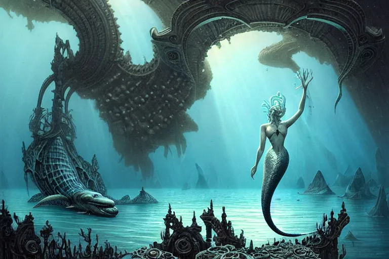 Image similar to a graceful beautiful mermaid looking at the sunken city of Atlantis deep under water, stunning undersea intricate detailed grand architecture in the style of Joe Fenton, art style by Greg Rutkowski and Mohrbacher and Gerald Brom and H. R. Giger, deep underwater scene, dark and moody, rays of sunlight, faint volumetric god rays, grim crushing atmosphere, trending on artstation, masterpiece, claustrophobic, dizzy, sharp focus, 8k octane beautifully detailed render, post-processing, extremely hyperdetailed, intricate, epic composition, grim yet sparkling atmosphere, cinematic lighting + masterpiece, trending on artstation, very detailed, Art Nouveau