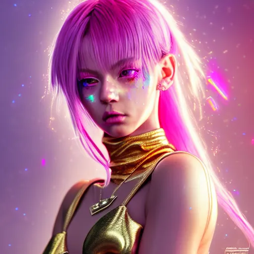Image similar to hyperdetailed portrait of a stunningly beautiful pink cyberpunk cute european girl made of metals and shiny iridescent gems, bright rainbow nimbus, gold necklace, smoke background inspired by ross tran and masamune shirow and kuvshinov, intricate, photorealistic, octane render, rtx, hdr, unreal engine, dnd digital art by artgerm