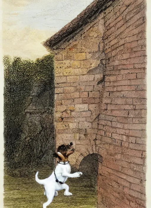 Image similar to jack russel terrier jumping off of brick structure, illustrated by peggy fortnum and beatrix potter and sir john tenniel