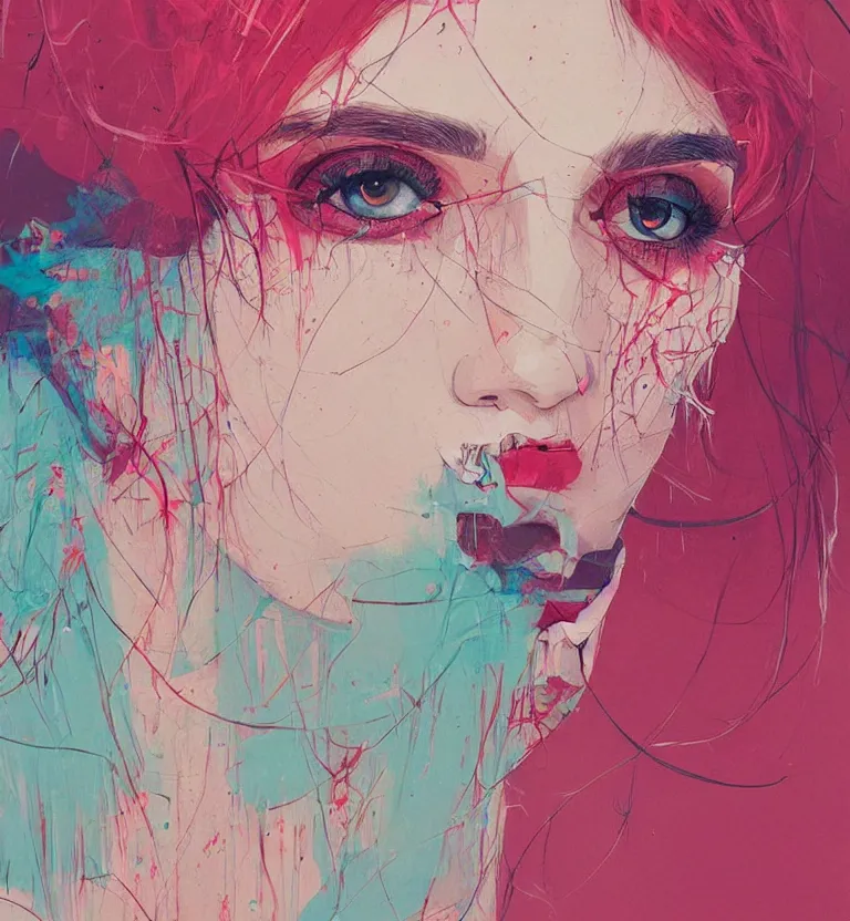 Image similar to close up portrait painting of a female dressed in nineties street styling, concept art, intricate details, highly detailed, aesthetically pleasing pastel colors, art by conrad roset