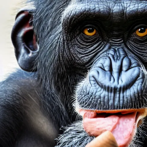 Image similar to a high detail closeup shot of a chimp wearing a suit, smoking a cigar