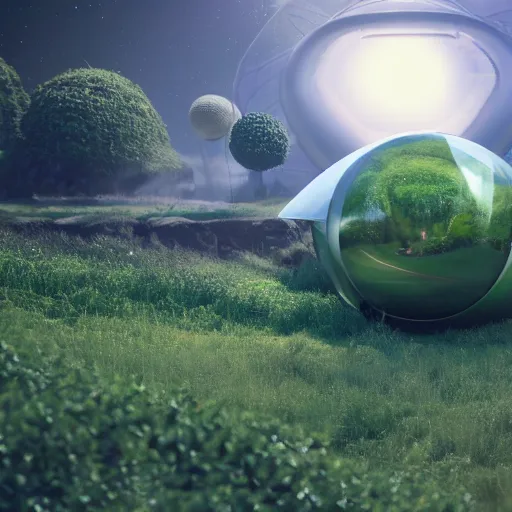 Image similar to a spherical car driving through a beautiful wonderland, smoke - filled ， green hill, many interstellar plants, little dinosaur and man dance together, futuristic concept design, airscape, high detail render by octane, unreal engine, 8 k, cinematic