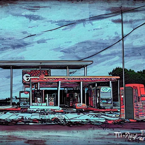 Image similar to an abandoned gas station by tim doyle, macabre
