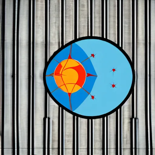Image similar to A power plant cooling tower with an atom logo, in the style of Charley Harper
