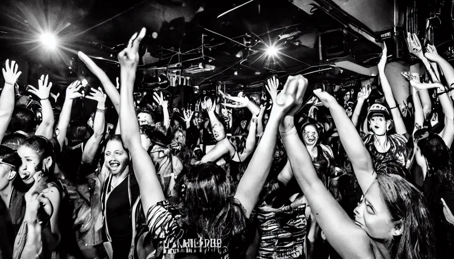 Image similar to a rave, dance dance party at old inner city sydney city, australia. black and white photography. dark energy 8 k