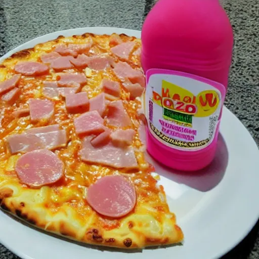 Prompt: ramen noodle and ham pizza with pepto bismol sauce.