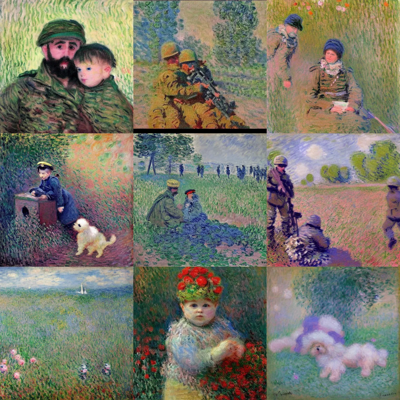 Prompt: war in ukraine. fluffy and cute. claude monet style