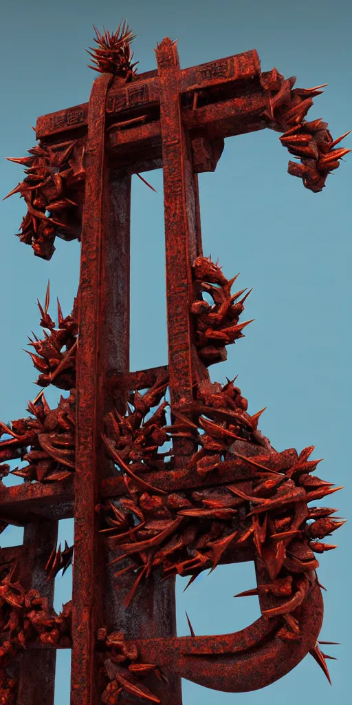 Image similar to 3 d render of a carved rusty torii gate sculpture, chrometype, made of liquid metal, neotribal with thorns and thunders, cyberpunk deconstructed japanese temple, raytraced, volumetric lightning, 8 k, by zhelong xu, ouchh and and innate studio