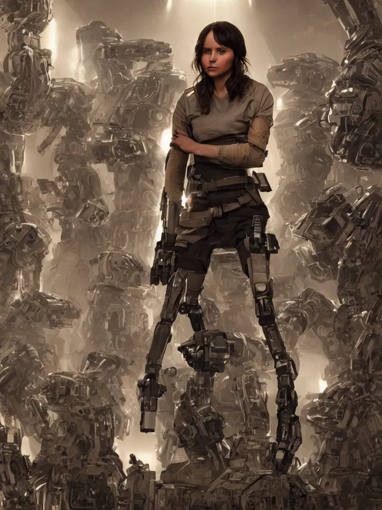 Prompt: expressive full body photo of jyn erso on a throne of robot arms, decolletage, confident pose, coherent, insane detail, concept art, character concept, cinematic lighting, global illumination radiating a glowing aura