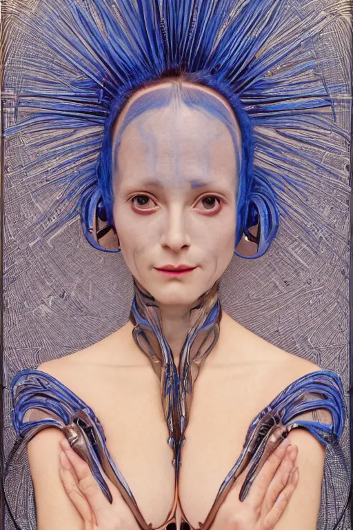 Image similar to beautiful portrait of a blue alien woman with 4 insect eyes, wearing an outfit made from plutonium, silicone skin, symmetrical face, by alphonso mucha, ear piercings resembling plasma jets, the 5 th element, cinematrographic, hyperrealism elegant, soft shapes, sharp details, 3 5 mm, f / 2 4, masterpiece