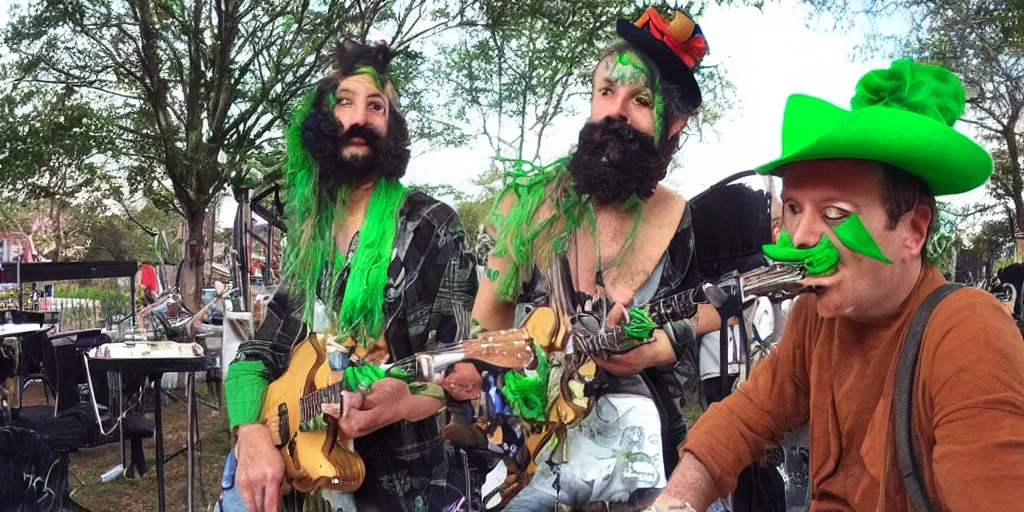 Image similar to a green-haired, funky, rustic, gentle metro dingo man with a Salvador Dali moustache mixes a band in the park