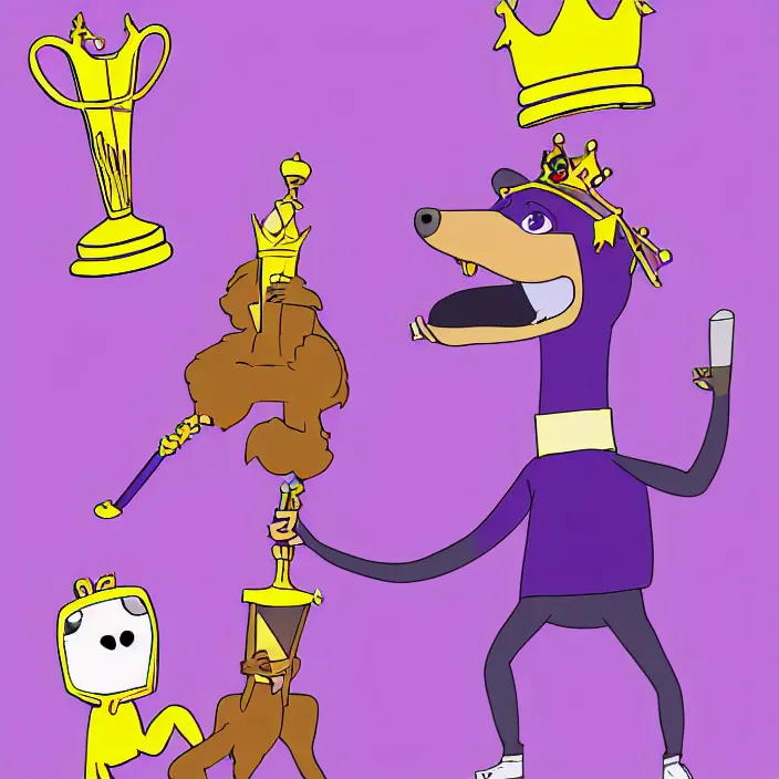 Image similar to a digital drawing of an anthropomorphic dog wearing a purple hoodie and a crown, smashing a golden trophy with a baseball bat. in the style of bojack horseman. lisa hanawalt