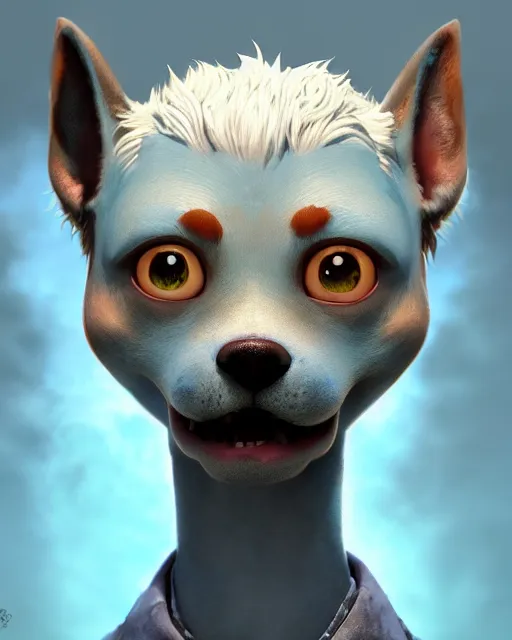 Prompt: An epic fantasy comic book style portrait painting of dog, very expressive, light blue piercing eyes, round face, character design by Mark Ryden and Pixar and Hayao Miyazaki, unreal 5, DAZ, hyperrealistic, octane render, cosplay, RPG portrait, dynamic lighting, intricate detail, summer vibrancy, cinematic