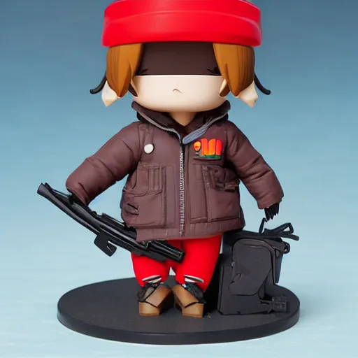 Image similar to magic mushroom wearing large puffer jacket and ak 4 7, nendroid, butcher billy style