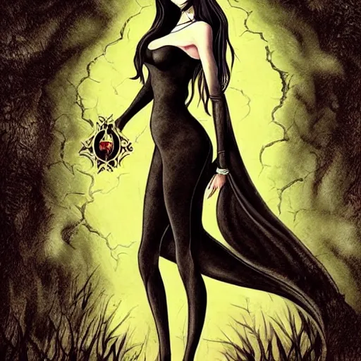 Image similar to Morticia Addams tarot card, gothic art, subdued color, detailed, eerie, emotional, gothic, sad, agitated, highly detailed, incredibly sharp focus, Artstation, deviantart, artgem, insane detail, intense black line art, precision detail, golden ratio, in the style of Heavy Metal Comics