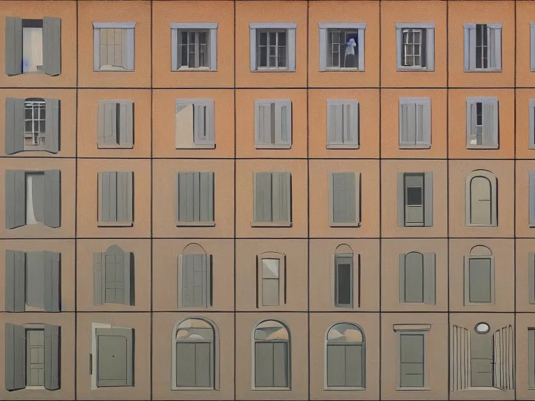 Prompt: endless buildings blending into doors painting by rene magritte, high detail, high resolution