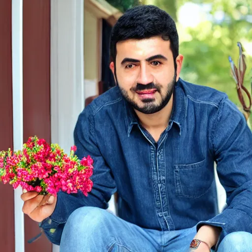 Image similar to sumeyye aydogan, duy beni serial, sitting on the porch holding a flower, in front of the house